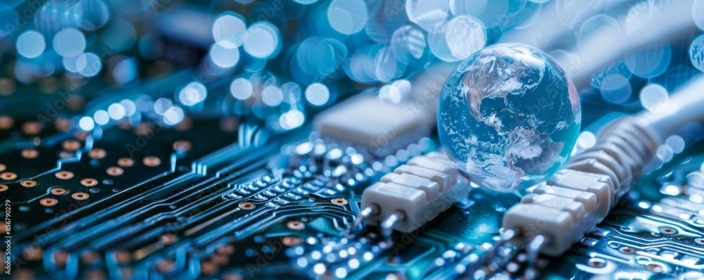 Poster global network connection concept with globe and internet cables on a circuit board