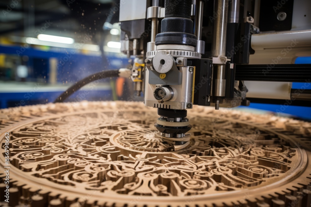 Poster cnc machine crafting unique furniture, showcasing technology integration in everyday objects