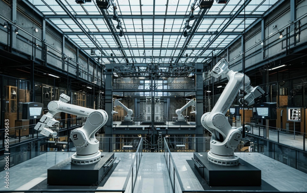 Poster robotic arms working in a high-tech industrial facility with advanced machinery and modern architect