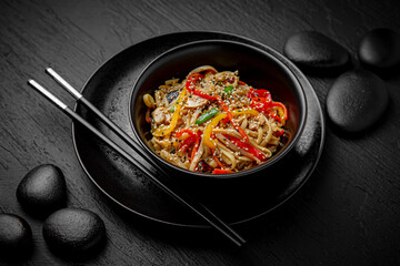 Wok noodles udon chicken with vegetables. Composition on black background. The Art of Japanese Cuisine. Food photography for menu and sushi bar decoration