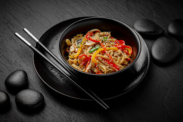 Wok noodles udon chicken with vegetables. Composition on black background. The Art of Japanese Cuisine. Food photography for menu and sushi bar decoration
