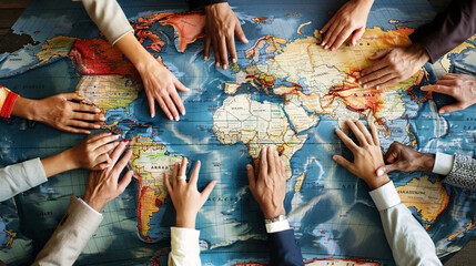 Global leaders hands over a world map, forging alliances or disputes