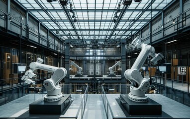 Robotic arms working in a high-tech industrial facility with advanced machinery and modern architecture