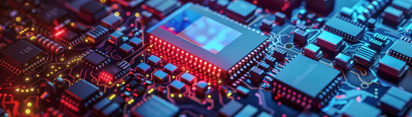 Obraz premium Stylized conflict between microchips carrying different national flags, under a spotlight