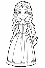 A black and white line drawing of a young princess wearing a flowing gown with a long, blonde ponytail