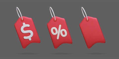 3D sale discount price tags set vector illustration. Red 3D dollar price tag, percent promo offer label, empty blank gift card. Special price coupon, discount promotion, online shopping banners.