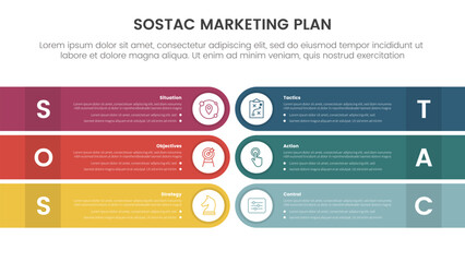 SOSTAC marketing planning model infographic with round rectangle box opposite direction with 6 step points for slide presentation