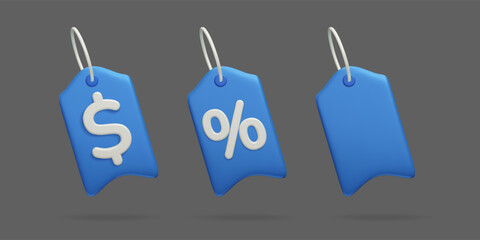 Blue 3D dollar price tag and percent discount voucher collection. Set of different price tags isolated on dark background. Online shopping discount labels, sale promo campaign, retail marketing.