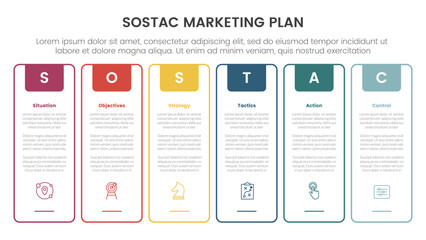 SOSTAC marketing planning model infographic with outline tall box creative header badge with 6 step points for slide presentation