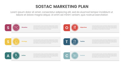 SOSTAC marketing planning model infographic with long rectangle shape and outline circle with 6 step points for slide presentation
