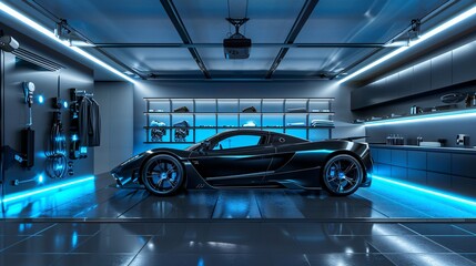 Photorealistic view of a sleek black sports car in a high-tech garage with cool blue accent lights. Minimalistic storage solutions and a glossy floor highlight the car's elegant design.