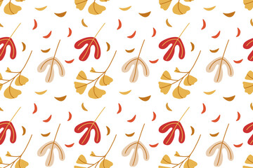 Fototapeta premium Seamless Falling Leaves pattern. Autumn color leaves print. Vector illustration in doodle style. Repeated Vector flat repeated background for wallpaper, wrapping, packing. Fall leaves repeat design.