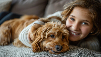 Happy Girl and Dog Cuddle on Couch.