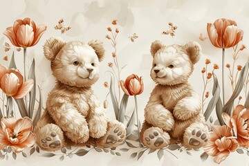 Sweet nursery art watercolor painting wall art for kids, children feature cute teddy bear  in the forest background, wallpaper