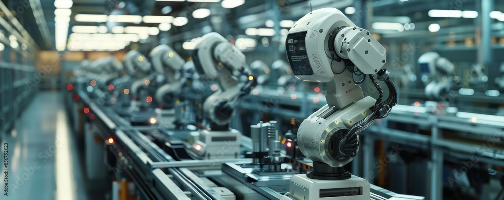 Poster high-tech factory floor with robotic arms working on assembly line