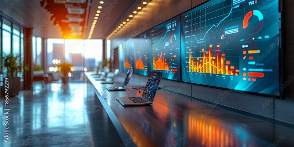 Poster modern office with large digital screens displaying data and laptops on a long desk