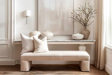 Beige bench with pillows at marble console table against paneling wall with frame in hall. Classic interior design of modern home entryway.