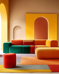Colorful vibrant sofa against arched wall. Minimalist, memphis style interior design of modern living room.