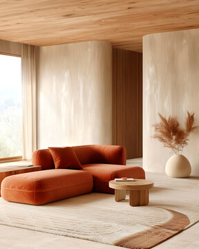 Terra cotta corner sofa in room with beige stucco walls. Minimalist interior design of modern living room.