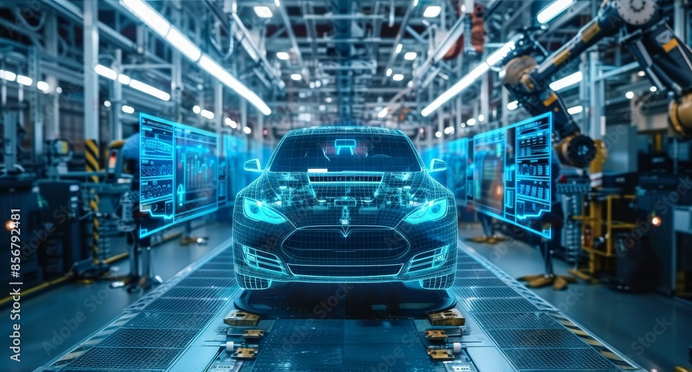 Poster high-tech car factory with advanced robotic systems and digital interfaces