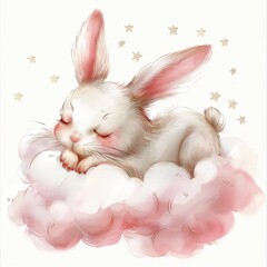 Sweet nursery art watercolor painting wall art for kids, children feature cute bunny rabbit sleeping on the fluffy pink cloud background, wallpaper
