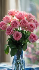 Obraz premium Bouquet of pink roses in a glass vase with blurred background. Romantic and elegant home decor concept