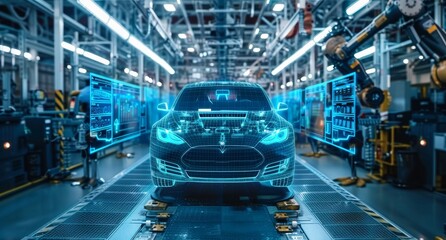 High-tech car factory with advanced robotic systems and digital interfaces