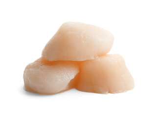 Pile of peeled raw scallops isolated on white