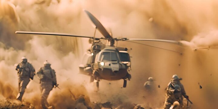 Helicopters landing in a battlefield with soldiers disembarking