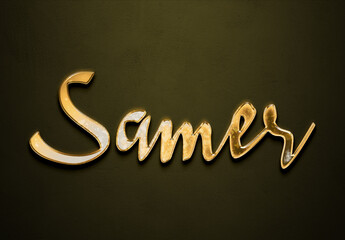 Old gold text effect of Arabic name Samer with 3D glossy style Mockup.