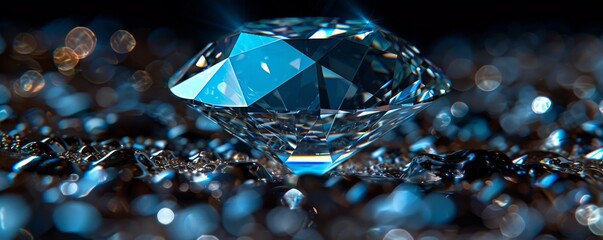 Close-up of a large diamond with blue light reflections on a shiny, sparkling background