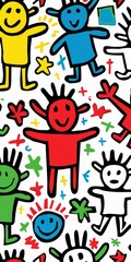 Fototapeta premium A vibrant and cheerful illustration featuring a diverse group of stick figures with happy faces, surrounded by colorful stars and crosses