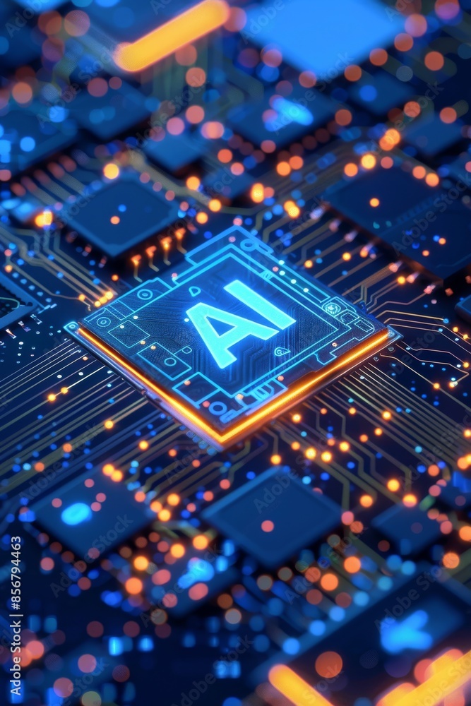 Poster close-up of ai technology on circuit board representing artificial intelligence and modern electroni