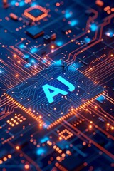 Obraz premium Futuristic AI circuitry board glowing with vibrant blue and orange lights