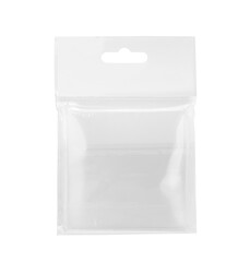 Empty clear plastic pouch bag with white blank paper top and hanging hole.