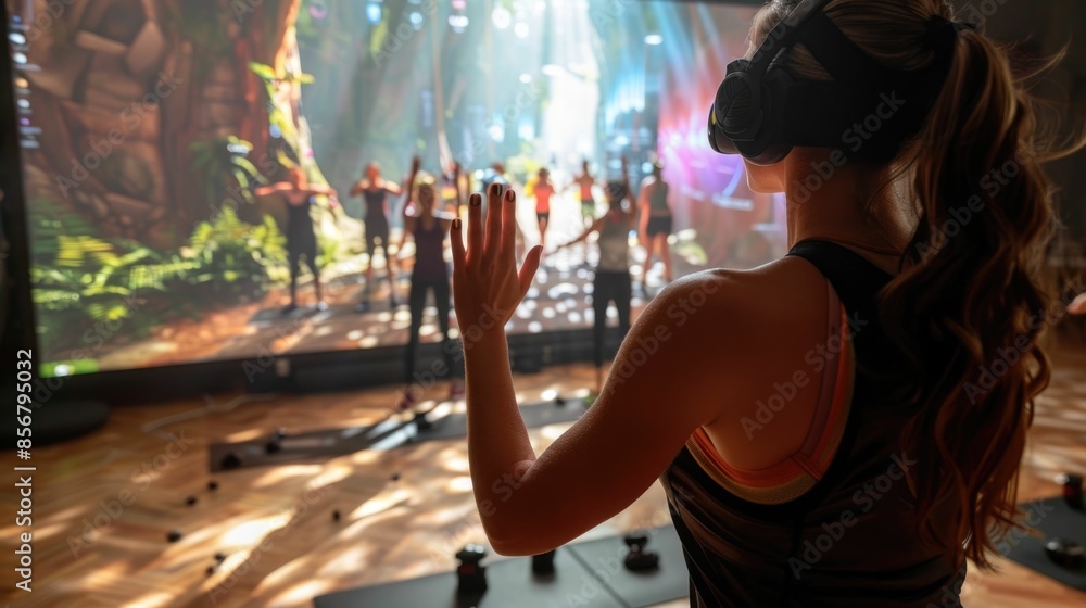 Poster energetic virtual fitness class with instructor leading dynamic exercises and participants engaged i