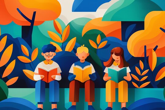 Illustration of three people reading books outdoors in a colorful park with abstract, geometric trees and foliage.