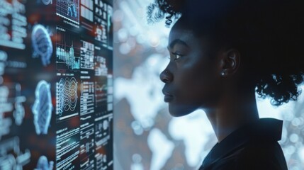 AI cyber security threat illustration, black african american female IT specialist analysing data information technology, augmented reality artificial intelligence collage, side profile