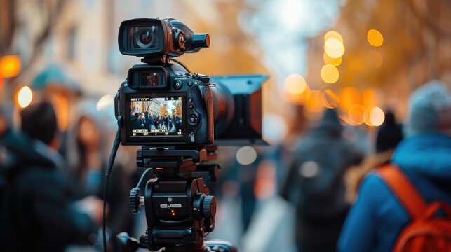 Live news broadcast with a reporter delivering breaking news updates on in a studio setting or city street environment  News media journalism and live video production concept