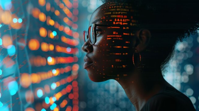 AI cyber security threat illustration, black african american female IT specialist analysing data information technology, augmented reality artificial intelligence collage, side profile