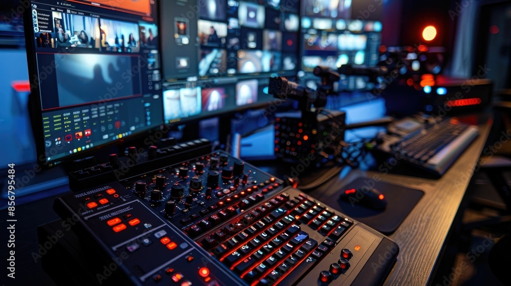 Poster professional streaming setup with central control console for live video production broadcast and mu