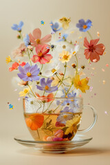 Magical Teacup with Floating Colorful Flowers