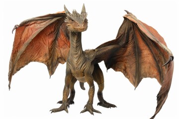 Fototapeta premium Close-up of a textured, brown and gold dragon with wings extended, ready for flight. Eyes locked on viewer, hinting at anticipation