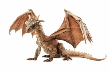 Fototapeta premium A close-up photograph of a small, brown dragon with its wings spread out. It is sitting on a white background and appears to be looking at the camera