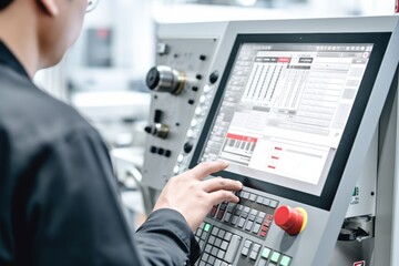 Hand operating cnc machine control panel for precise data input and control demonstration