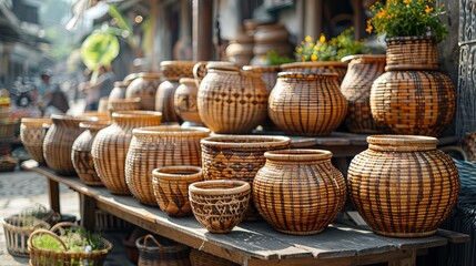 Fototapeta premium Handcrafted wicker baskets display at outdoor market