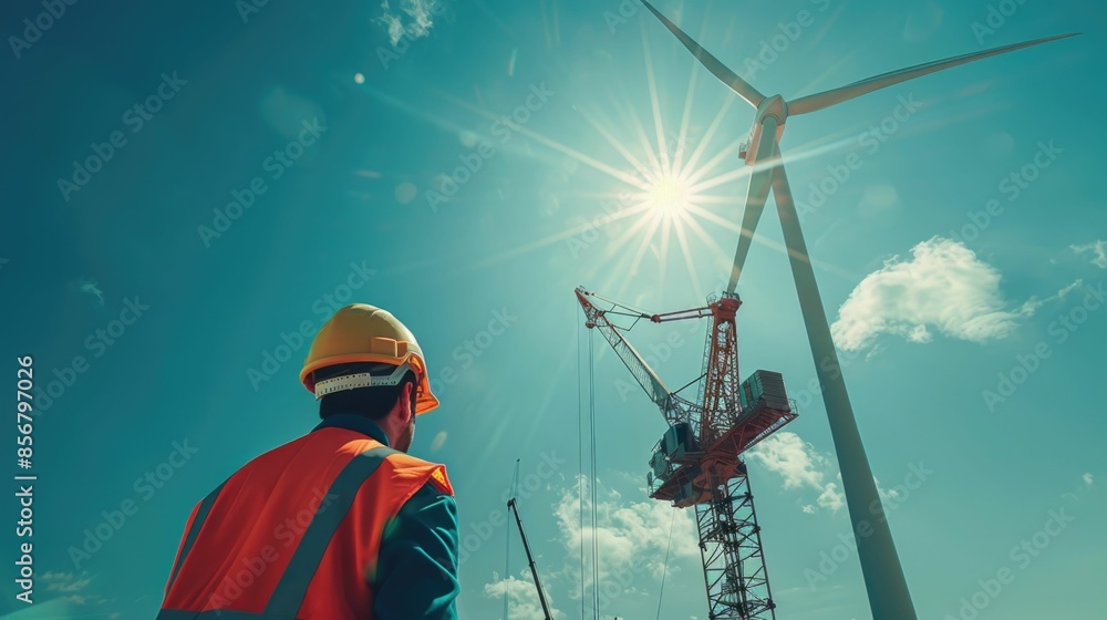 Poster photograph depicting the construction of a tall wind turbine tower with multiple cranes and workers 