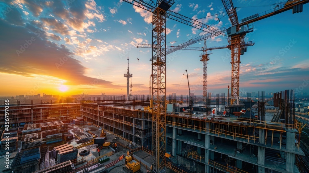 Poster turbine tower construction site with multiple cranes and workers assembling a large windmill or turb