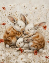 Sweet nursery art watercolor painting wall art for kids, children feature cute bunny rabbit family neutral color background, wallpaper
