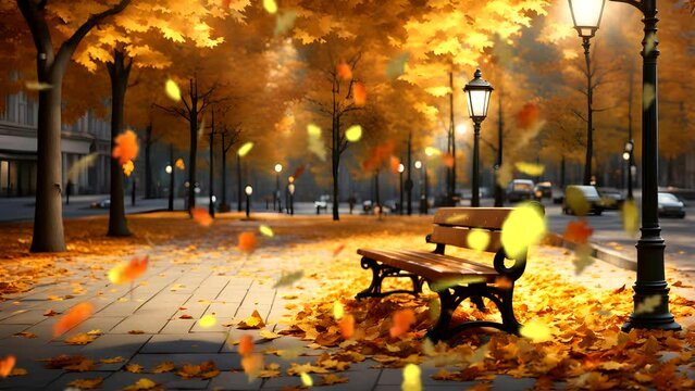 Autumn in the city's roadside park is so beautiful. Colorful leaves fall, and there are wooden benches to rest on,  Seamless looping 4k time-lapse animation video background